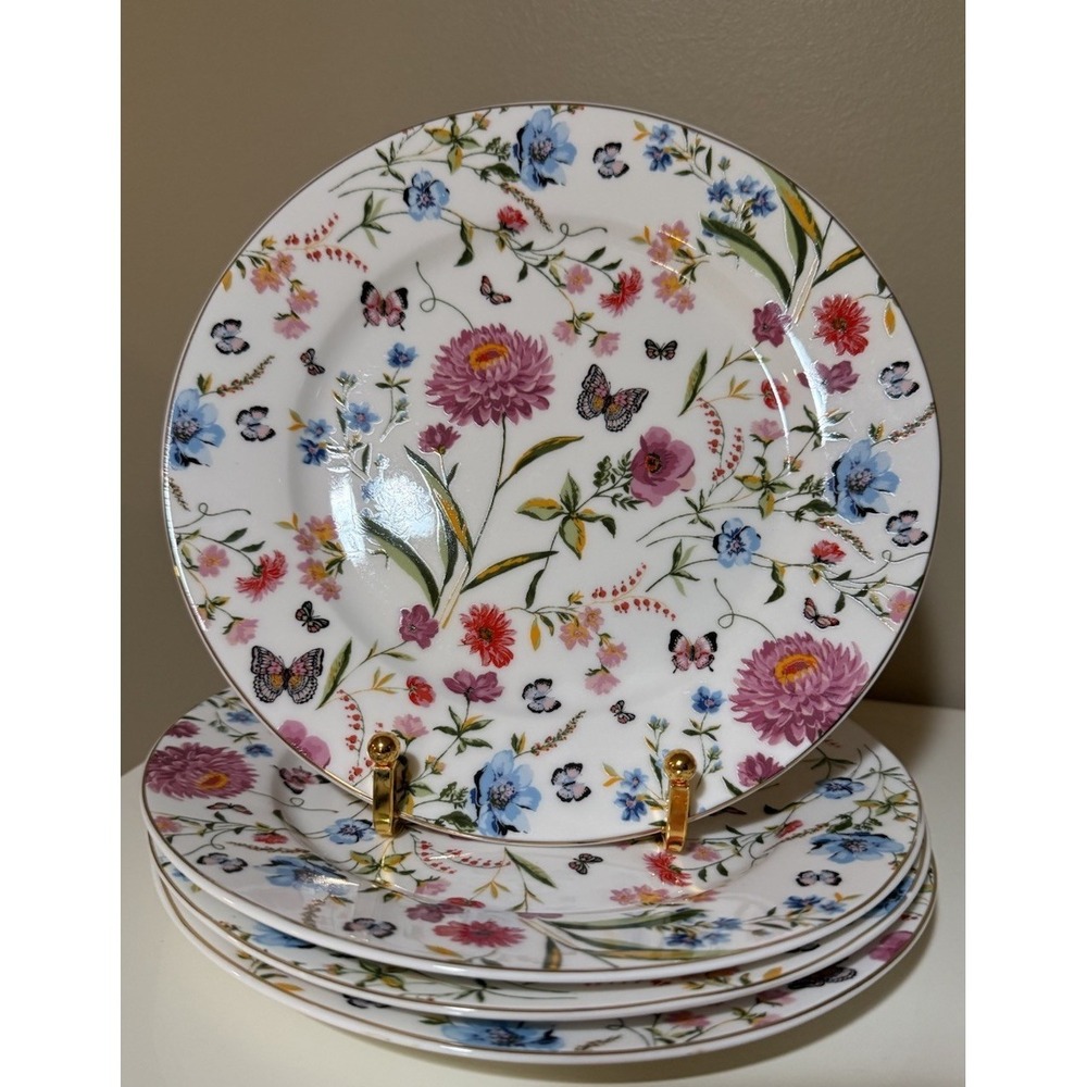 Set of 4 Grace's Teaware 8" Salad/Dessert Plates Butterfly and Floral Gold Trim